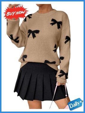 Women's Bow Knit Sweater Lightweight Oversized Pullover Crew Neck